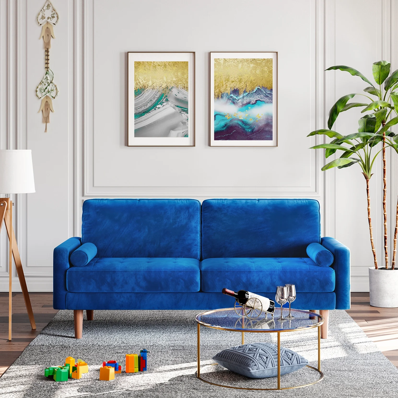NAIMP 69.3'' W Blue Couches, Velvet Rolled Arm Sofa, Upholstered 3-Seater Loveseat w/Armrest for Living Room Bedroom, Apartment, Home Office