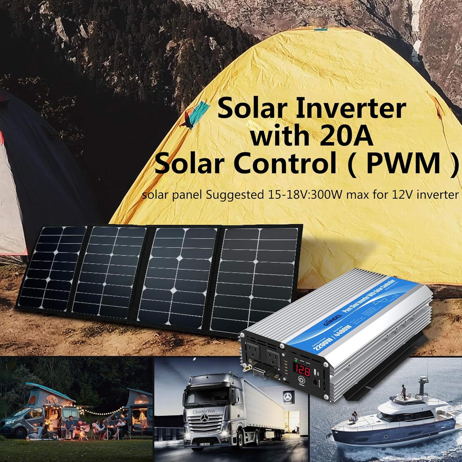 GIANDEL 2200W Pure Sine Wave Power Inverter 12V DC to 110V 120V AC with 20A Solar Charge Control and Remote Control&LED Display and Dual AC Outlets &1x2.4A USB Port for RV Truck Car Solar System