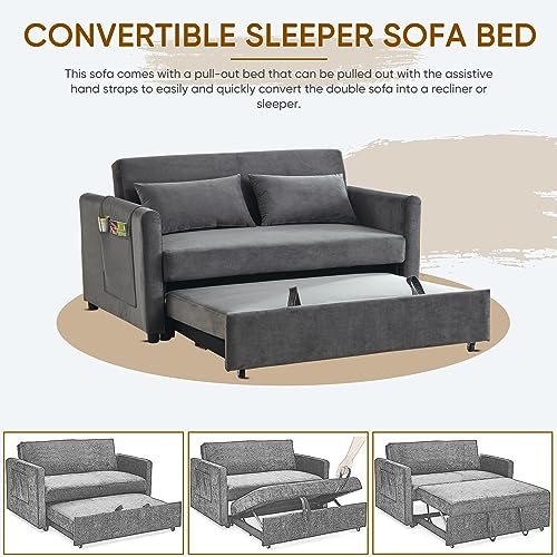 3 in 1 Convertible Sleeper Sofa Bed, Modern Velvet Loveseat Futon Couch Pullout Bed with Side Storage Pockets & Pillows, Small Love Seat Lounge Sofa Bed for Living Room, Small Space (Blue)