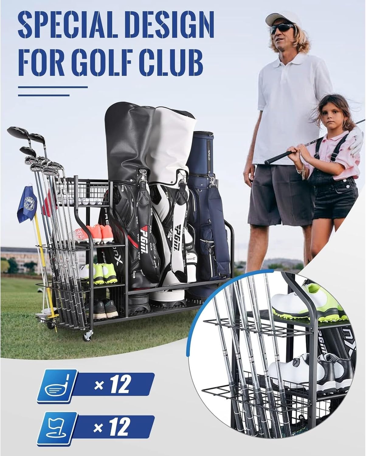3 Full Size Golf Bags Storage, Golf Organizer, Sports Equipment Garage Rack