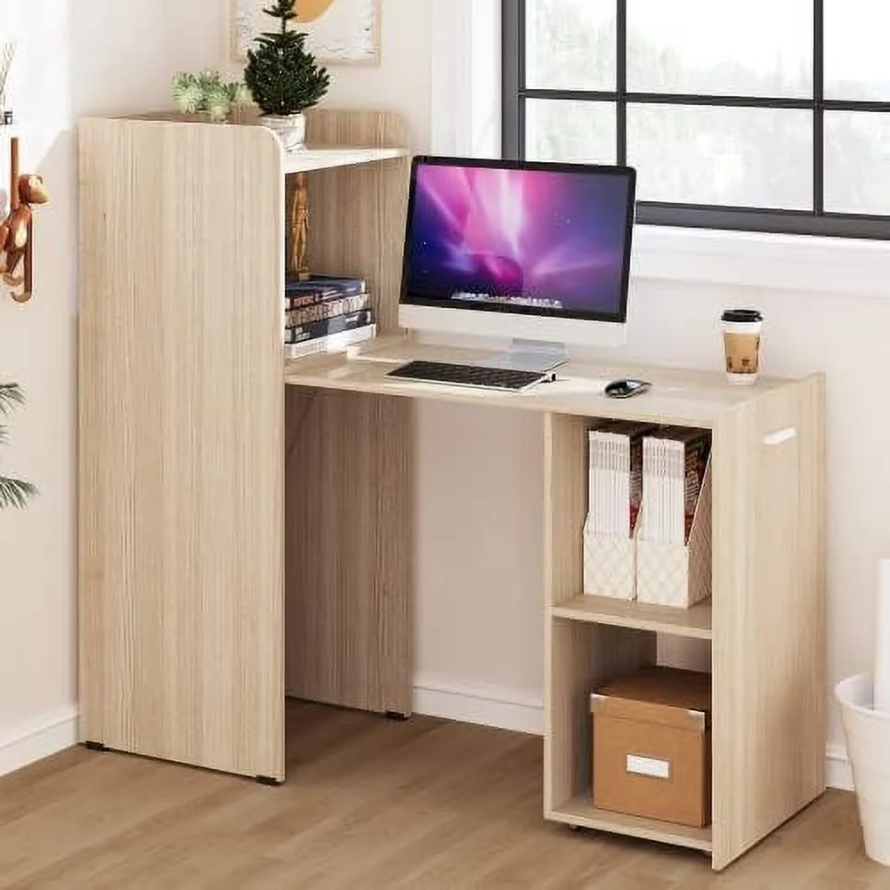 HJZBNONE Extendable Computer Desk for Small Space  Reversible Home Office Desk with Anti-Tipping Kit  Folding Study Writing Desk  Pull-Out PC Laptop Workstation Desk  Brown/Natural (Natur
