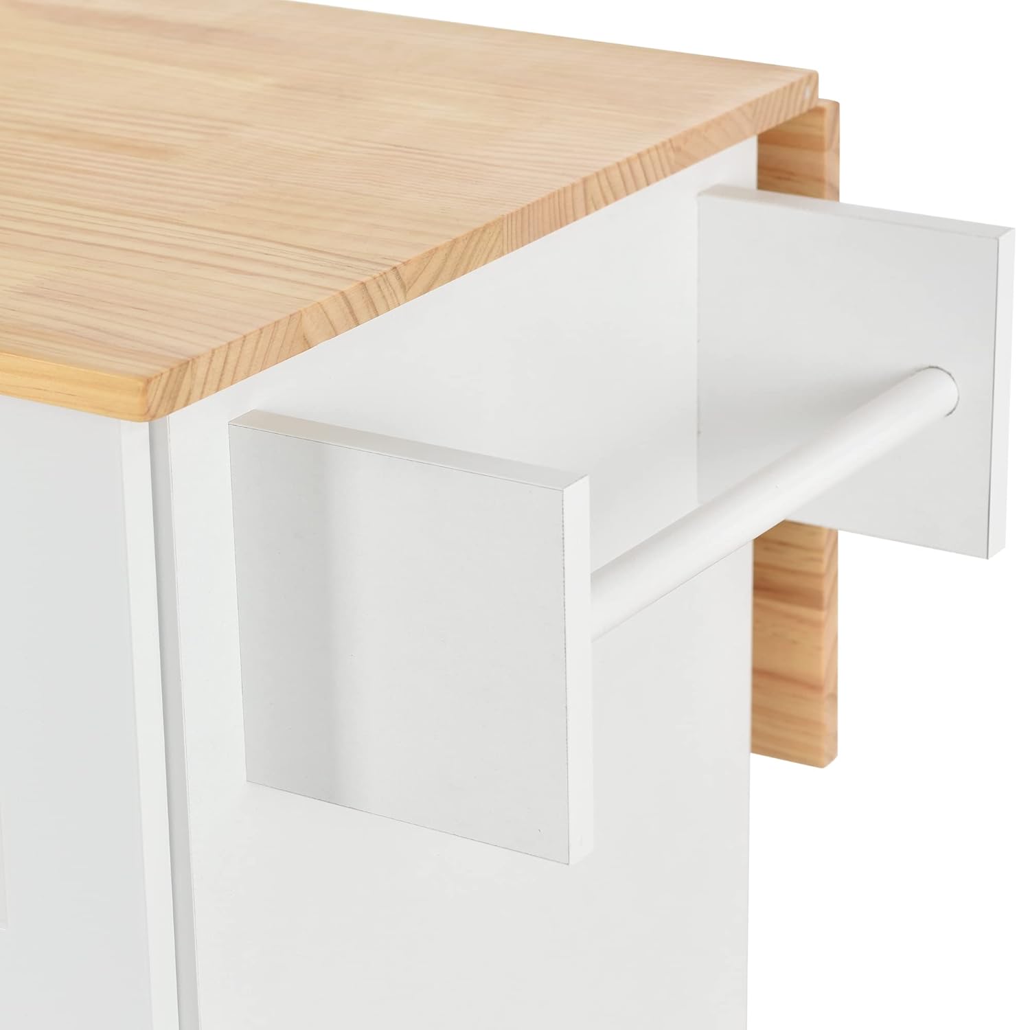 52.7 Inch Width Kitchen Island with 3 Drawers and Internal Storage Racks, Rolling Kitchen Cart with Towel Rack and Locking Wheels, Spice Rack, Drop Leaf Counter Top, Adjustable Shelves, White