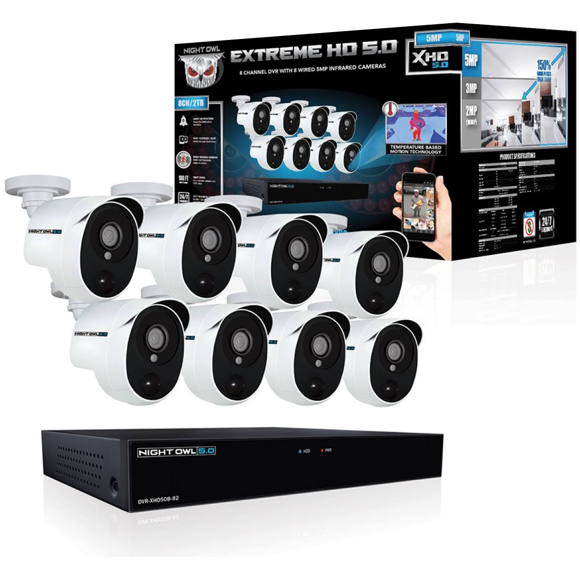 Night Owl Extreme HD XHD502-88P 8-Channel DVR with 8 Outdoor cameras Night Vision - DVR + camera(s) wired - 2 TB