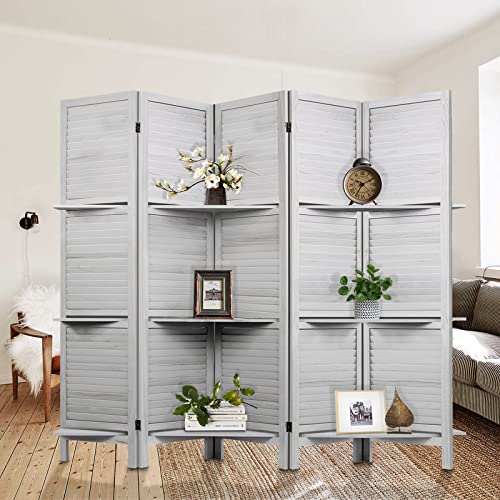 Room Divider with Shelves, Privacy Screen, Room Dividers and Folding Privacy Screens, 5 Panel Wood Temporary Wall Partition Separation Separator, Coconut