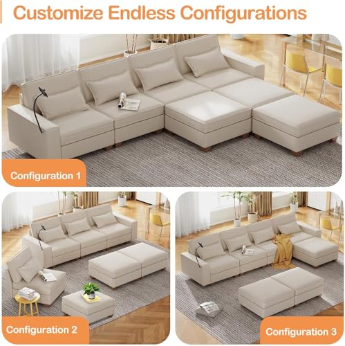 Modular Sectional Sofa, Convertible U Shaped Sofa Couch with Central Console & USB Ports, 7 Seat Modular Sectionals Couch with Chaise and Storage for Living Room, Light Grey