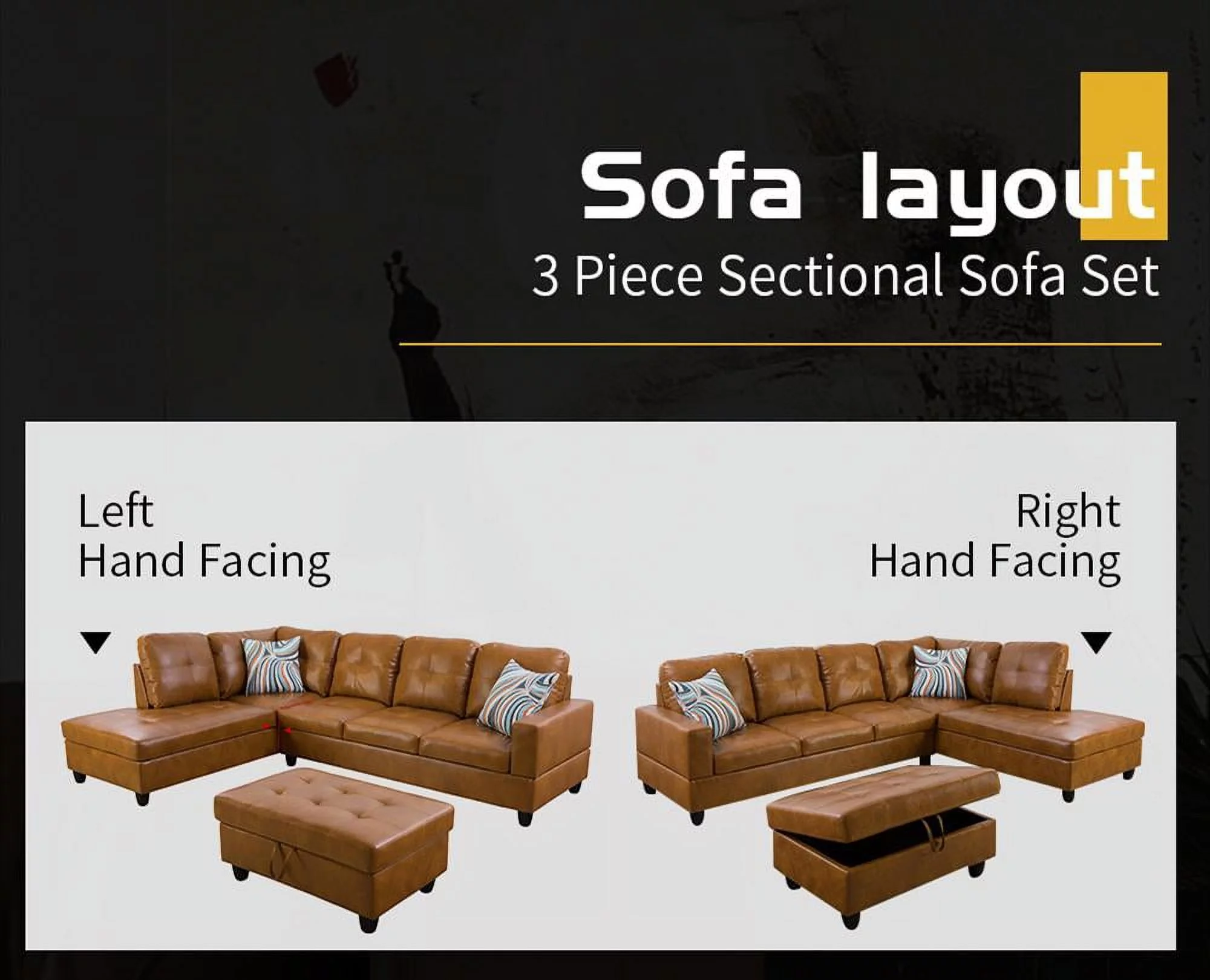 PonLiving 103.50" Wide Ginger Faux Leather Sectional with Ottoman Left Hand Facing