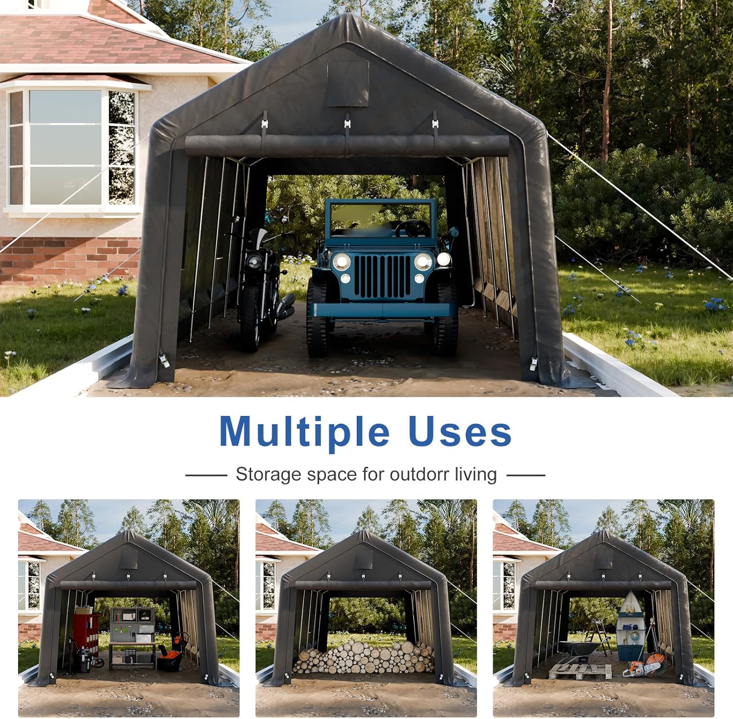 12x20ft Heavy Duty Carport, Car Port With All-Steel Metal Frame,Portable Garage For Automobile,Truck,Boat,Outdoor Storage Shelter,6*Ventilated Windows,4*Windproof Ropes,Anti-Snow Car Canopy