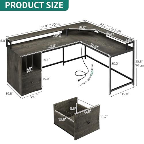 YITAHOME L Shaped Desk with File Drawer & 3 Cubbies Storage Shelves, 67" Corner Computer Desk with LED Lights & Power Outlets, L-Shaped Office Desk with Monitor Stand, Grey