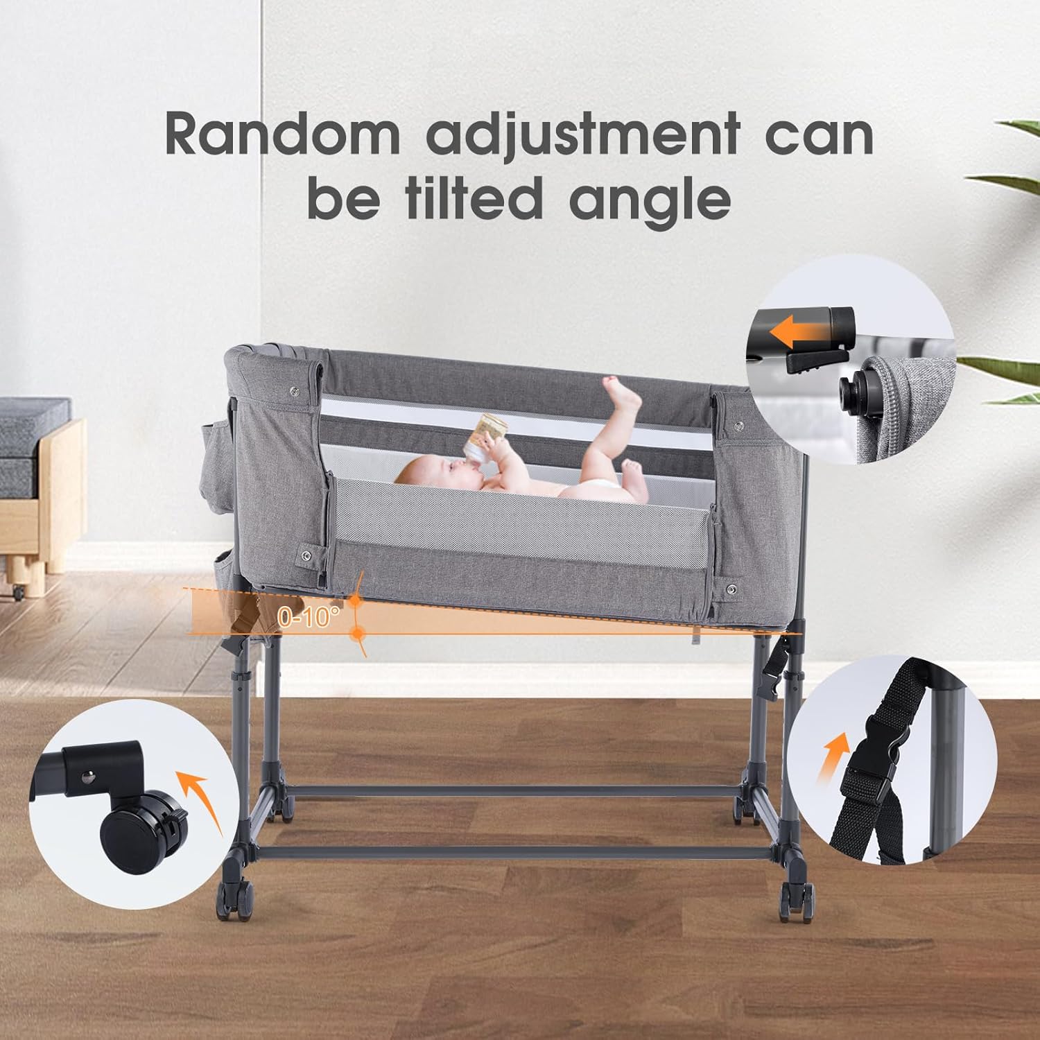 Twin Bassinet for 2 Babies,Adjustable Height Double Crib with Storage Bag and Replaceable Mattress Cover, Portable Twin Bedside Crib Attaches to Bed with Strap for 0-6 Months Twins Baby Grey