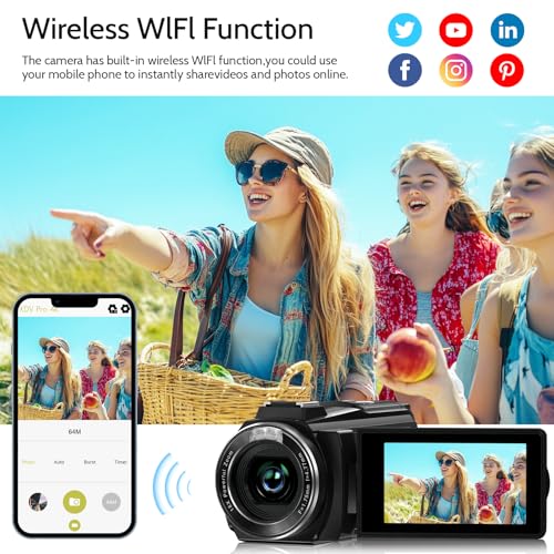 8K Video Camera Camcorder, 64MP IR Night Vision Vlogging Camera,18X Zoom 3.0“ Screen WiFi Camcorder for YouTube with with Microphone, Lens Hood, Stablizer, 64GB SD Card, One 4500mAh Battery