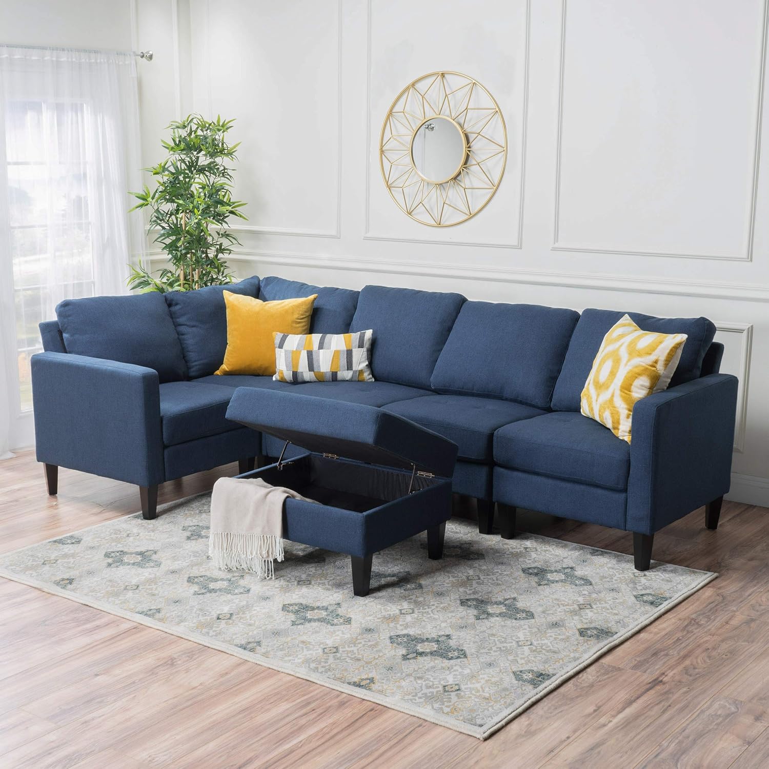 Christopher Knight Home Zahra Fabric Sectional Couch with Storage Ottoman, 6-Pcs Set, Dark Blue