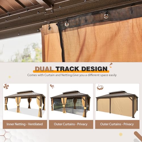 EROMMY 14'x20' Hardtop Gazebo Double Roof Galvanized Steel Canopy Outdoor Aluminum Frame Permanent Metal Pavilion with Netting and Curtains for Patio Backyard Deck and Lawns