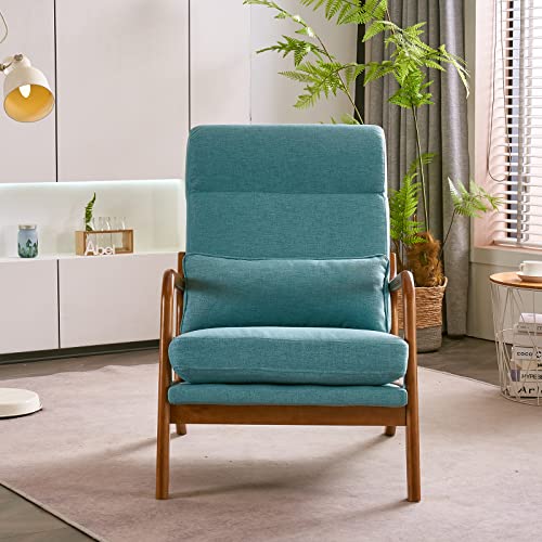 Bonnlo High Back Linen Beige Mid Century Modern Accent Chair, Soild Wood Padding Lounge Armchairs Side Sitting Chairs for Living Room, Bedroom, Guest Room