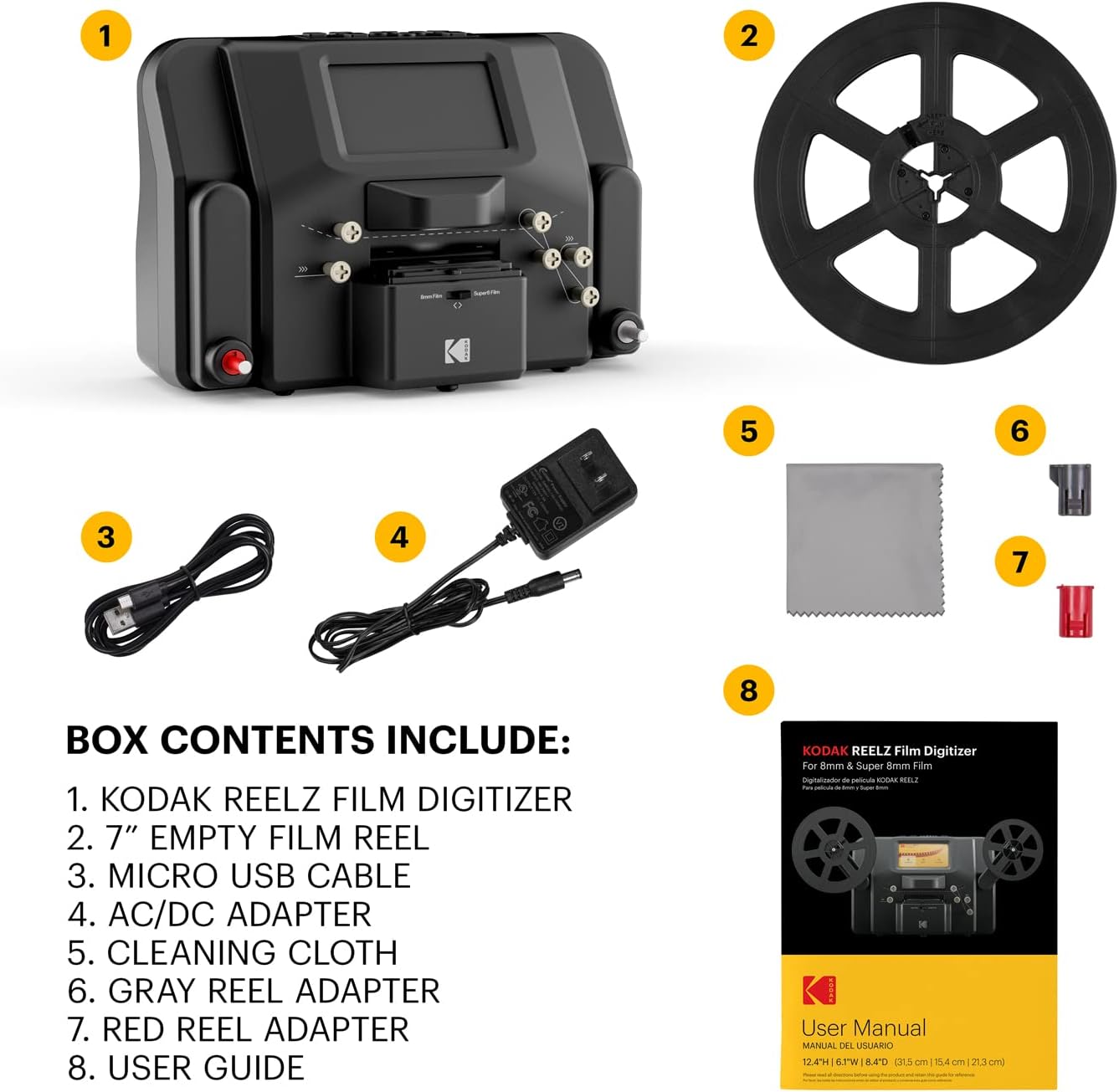 KODAK REELZ 8mm & Super 8 Films Digitizer Converter with Big 5” Screen, Scanner Converts Film Frame by Frame to Digital MP4 Files for Viewing, Sharing & Saving on SD Card for 3” 4” 5” 7” Reels