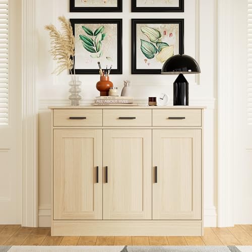 43.3" W Oak Buffet Cabinet, Coffee Bar Cabinet with 3 Drawers & 3 Doors, Kitchen Buffet Sideboard for Living Room, Kitchen