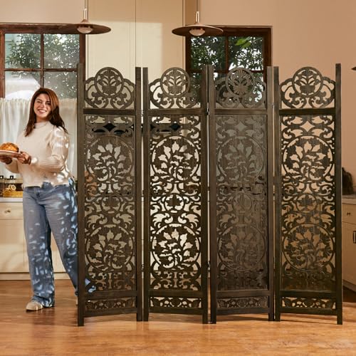 5.75Ft Room Divider Wood Carved Wall Divider Indoor Folding Portable Partition Screen for Home Office Garden Terrace - 4 Panel (Antique Brown)