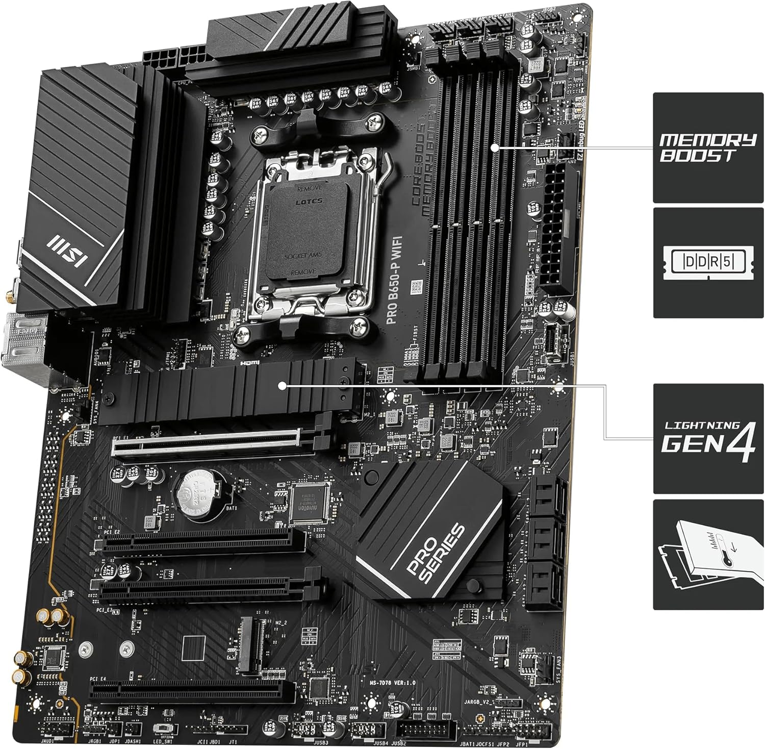 MSI PRO B650-P WIFI AMD AM5 ATX Motherboard, 4x DDR5 ~128GB, 1x PCI-E x16, 2x M.2, 6x SATA, 8x USB 3.2, 1x USB Type C