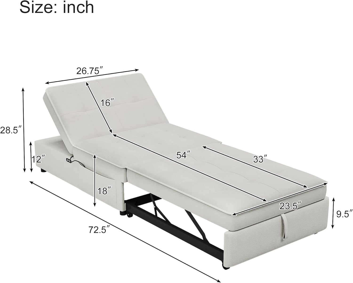 CHARMMA 4-in-1 Sofa Bed,Chair Bed,Multi-Function Folding Ottoman Bed with Storage Pocket and USB Port for Small Room Apartment,Living Room,Bedroom,Hallway,White,Chairs/Accent Seating 78.26lbs,2036