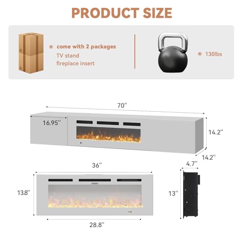 Aoxun Floating Fireplace TV Stand,70" TV Cabinet,Wall Mounted Entertainment Center with 36" Electric Fireplace,Modern LED Lights Media Console for TVs Up to 80" (Black TV Stand-White Fireplace)