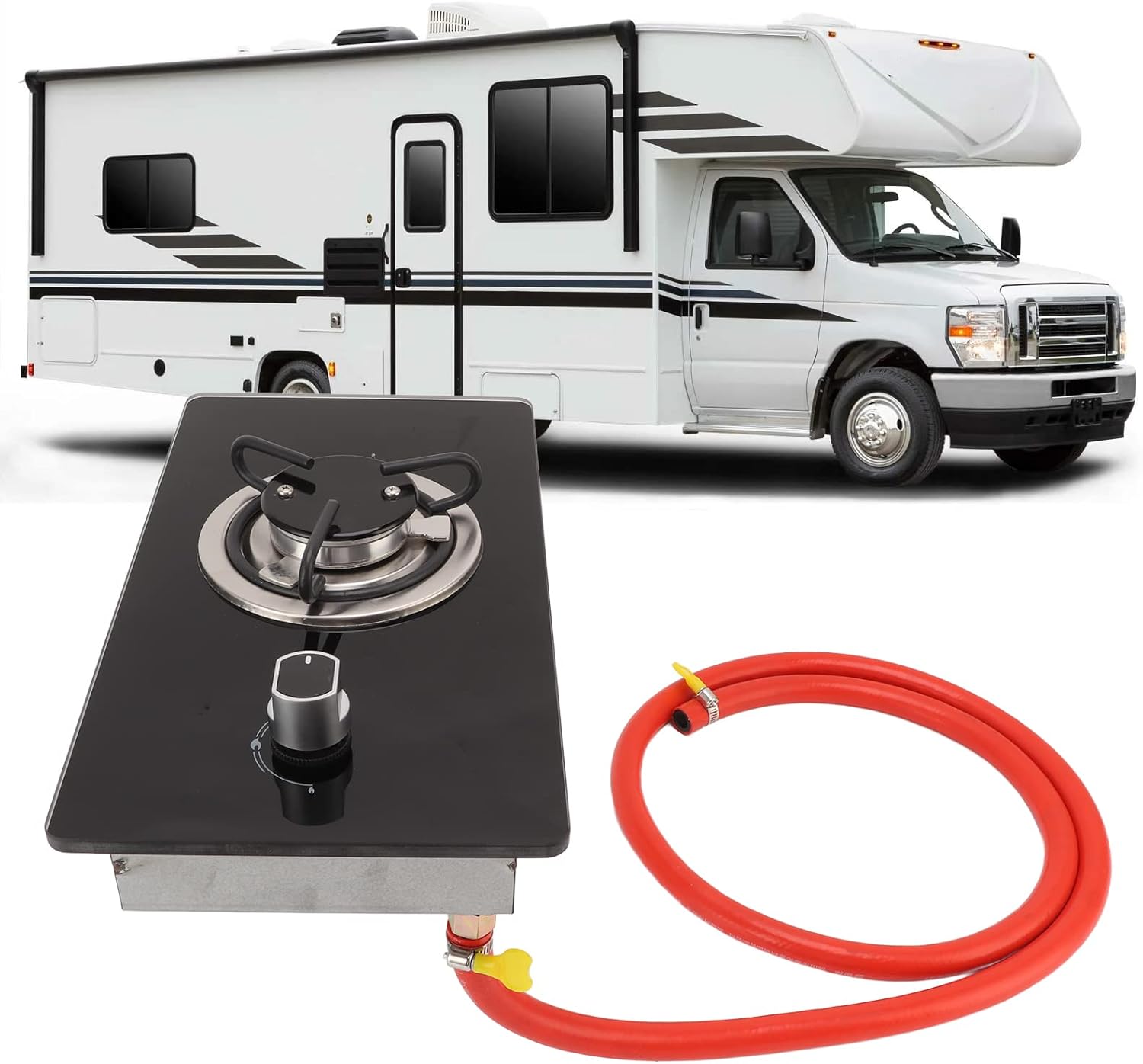 Single Burner Gas Cooktop, 1.8Kw Stainless Steel RV Gas Stove Top with Stepless Adjustable Fire, Portable Tempered Glass 1 Burner Gas Stove for RV Yacht Caravan Apartments Camping