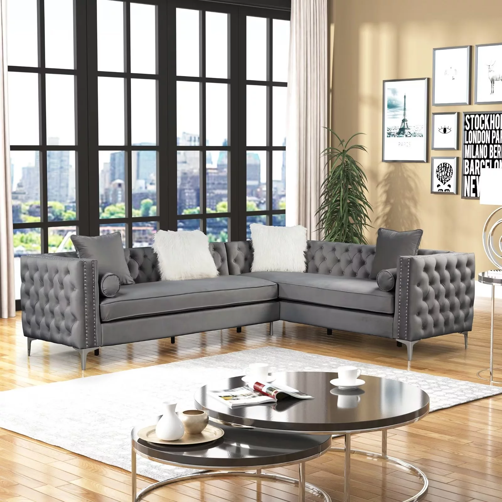 Morden Fort L-Shape Sectional Sofa for Living Room Velvet Corner Couch Sleeper with Pillows Gray