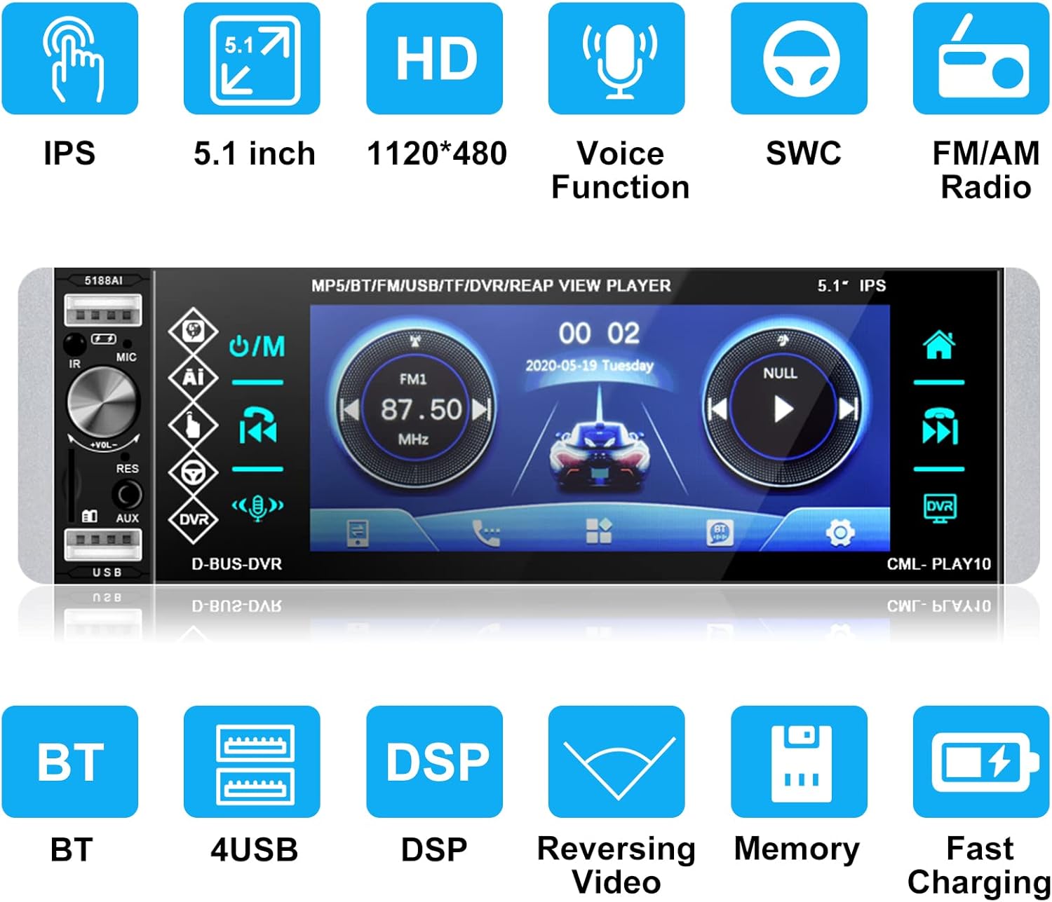 Single Din Car Stereo 5.1 Inch Touchscreen Radio with Bluetooth Voice Control Support DVR FM RDS AM Tuner, 1 Din Head Unit with USB/SD/Aux-in + Steering Wheel Control, Microphone and Backup Camera