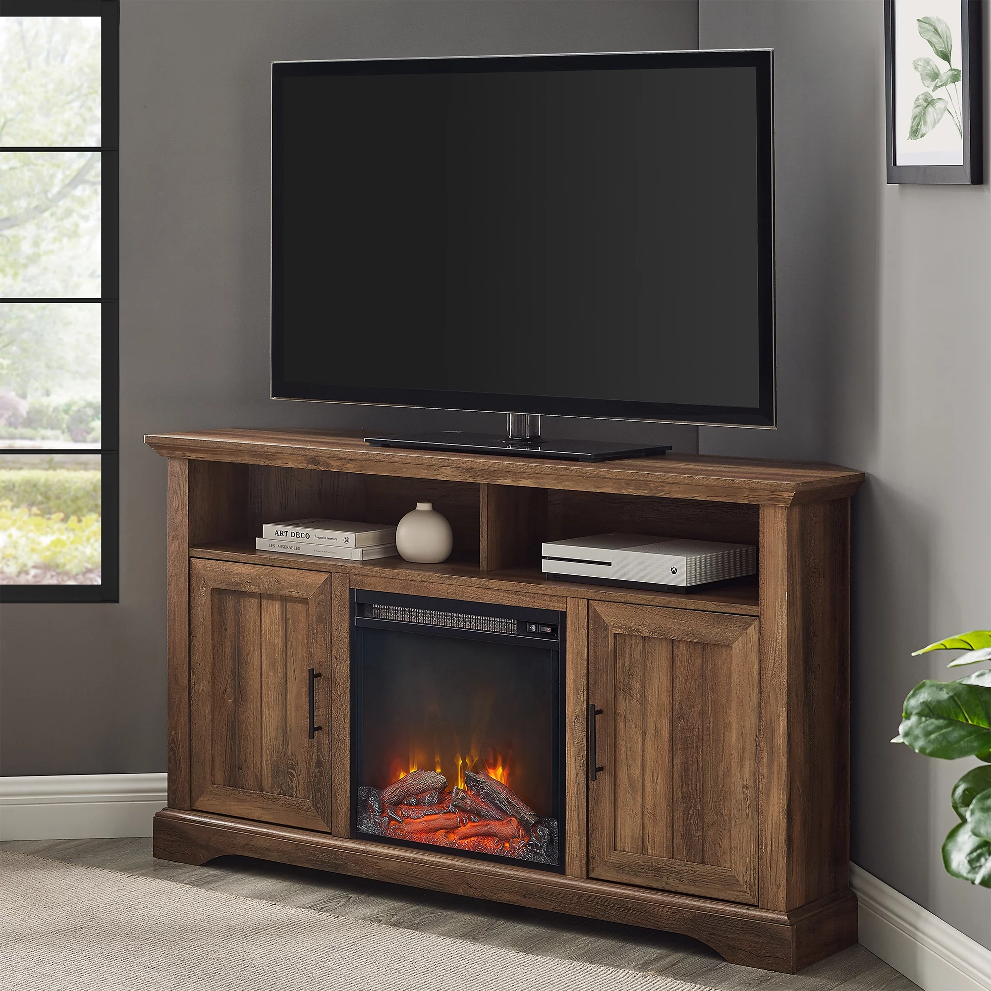 Manor Park Coastal Corner Fireplace TV Stand for TVs up to 60. Barnwood