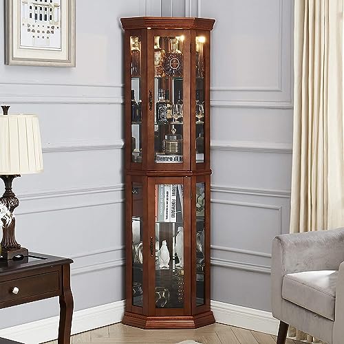 Lighted Curio Cabinet, Wooden Corner Display Cabinet Adjustable Tempered Glass Shelves, Floor Stand Collection Art Display Rack for Bar or Living Room - Walnut (Light bulb not included)