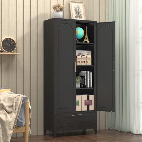 Metal Storage Cabinet with Doors and Shelves, 71 Inch Tall Kitchen Pantry Cabinet, Pantry Cabinets for Kitchen Storage, Freestanding Cupboard for Living, Dining Room, White, Assembly Required