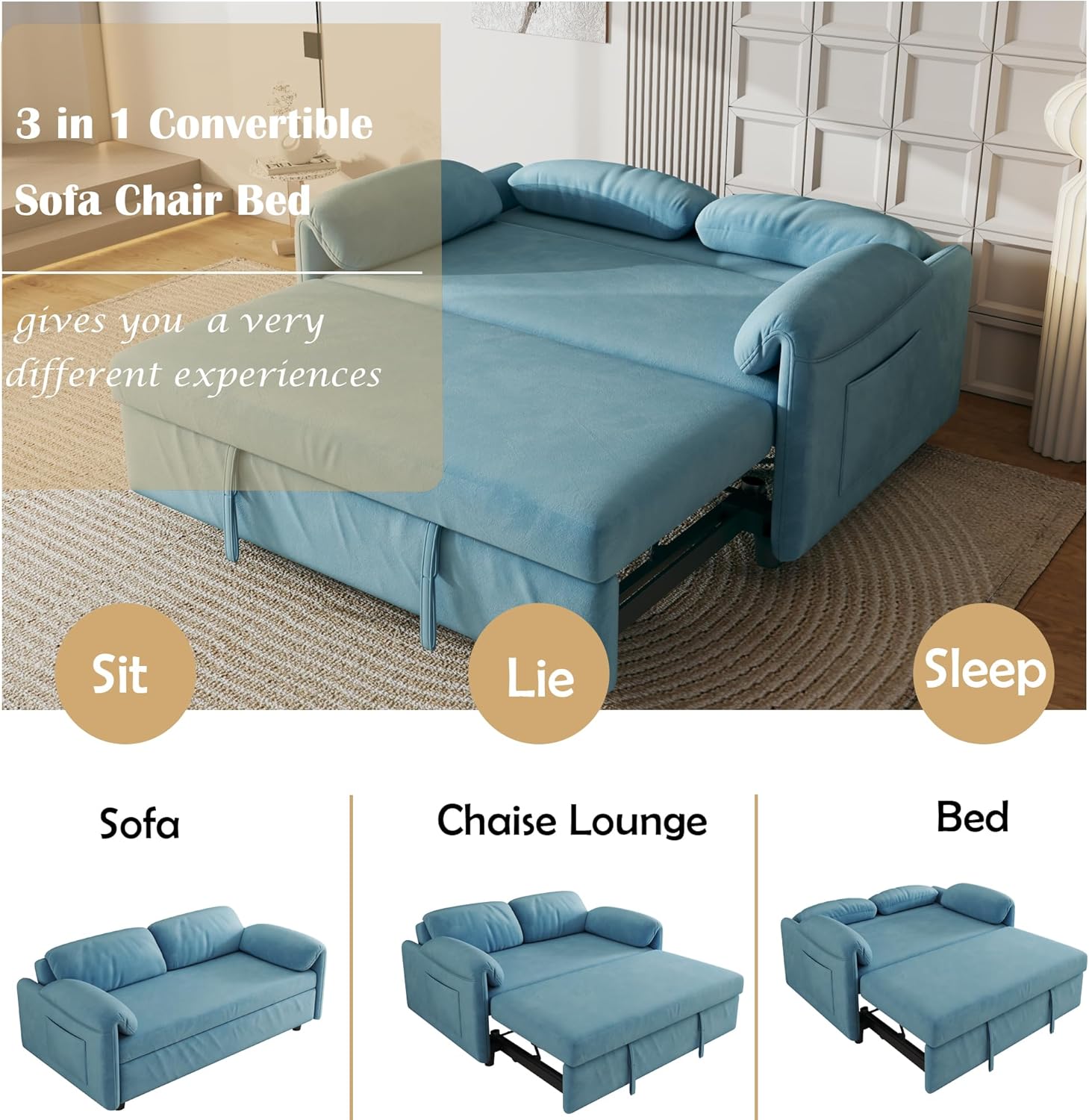 Convertible Sleeper Sofa with Pullout Bed, Upholstered Velvet Mini Couch w/Adjsutable Backrest & Side Pockets, 54" W Modern Sofa&Couches Futon Loveseat Single Recliner for Small Space, Blue