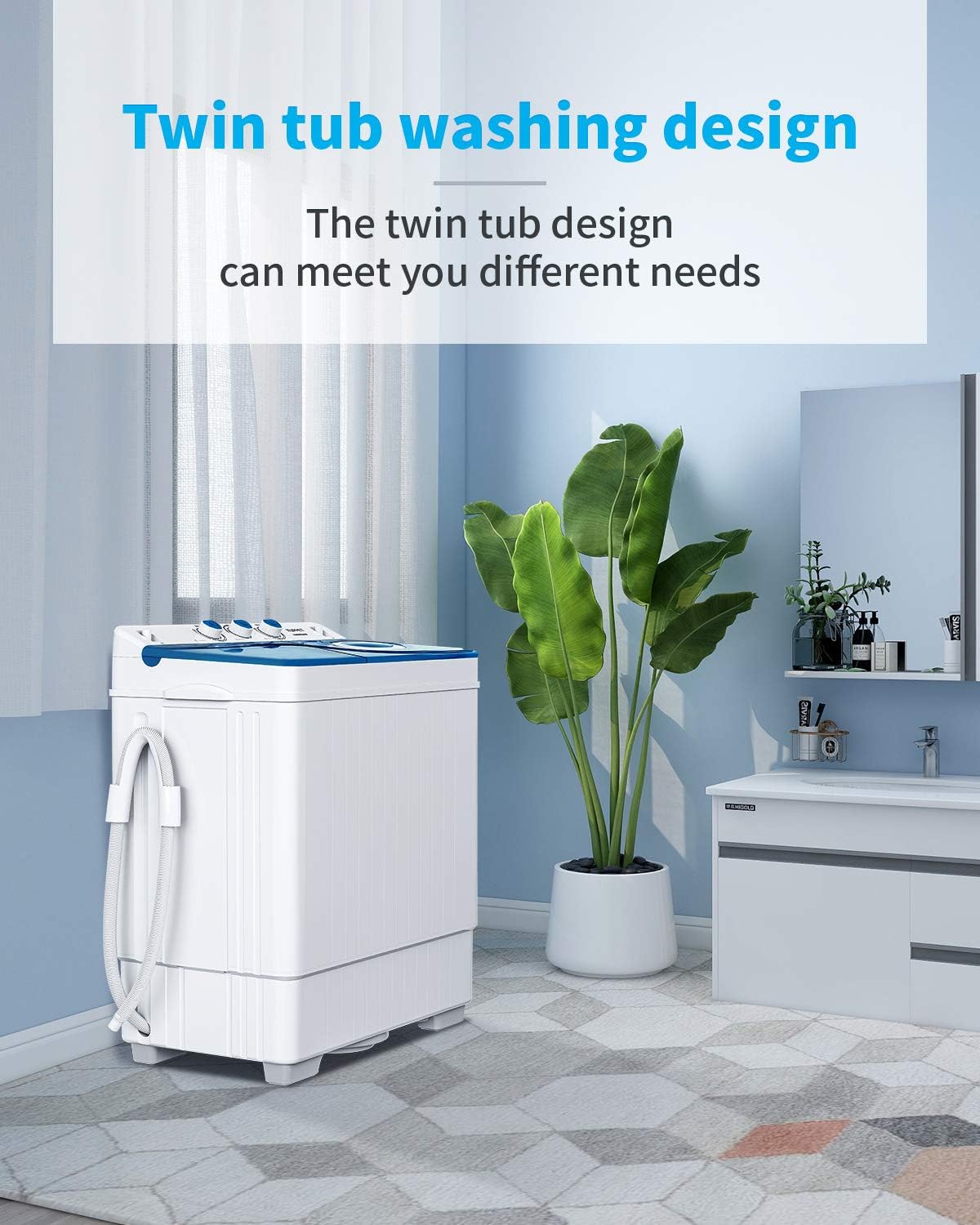 KUPPET Compact Twin Tub Portable Mini Washing Machine 26lbs Capacity, Washer(18lbs)&Spiner(8lbs)/Built-in Drain Pump/Semi-Automatic (White&Blue)