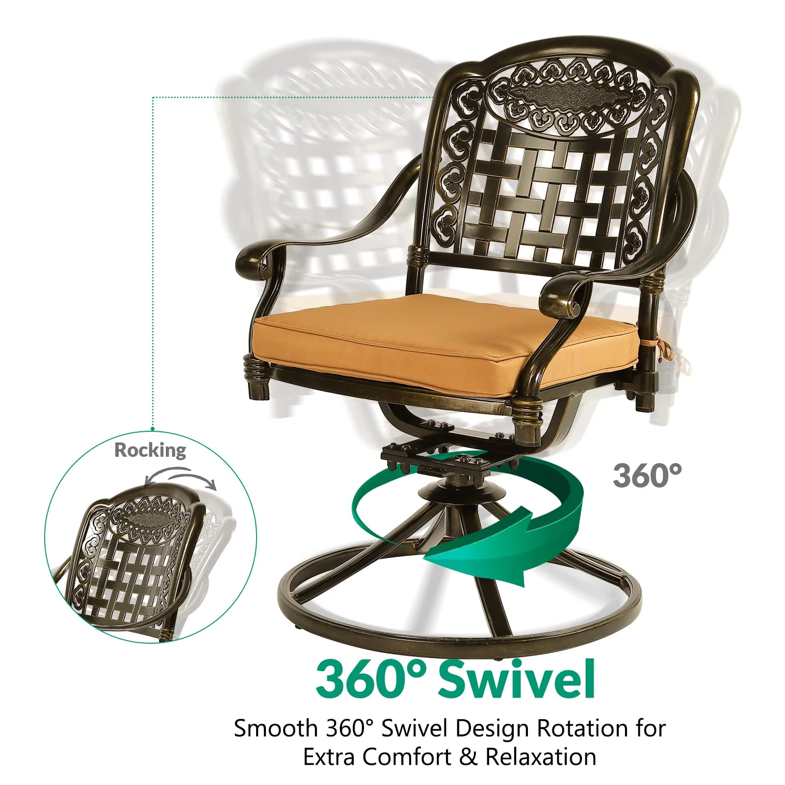 VIVIJASON 5-Piece Outdoor Patio Dining Set, All-Weather Cast Aluminum Conversation Set, Patio Furniture Set for Balcony Lawn Garden, Include 4 Swivel Cushioned Chairs, 1 Square Table w/Umbrella Hole