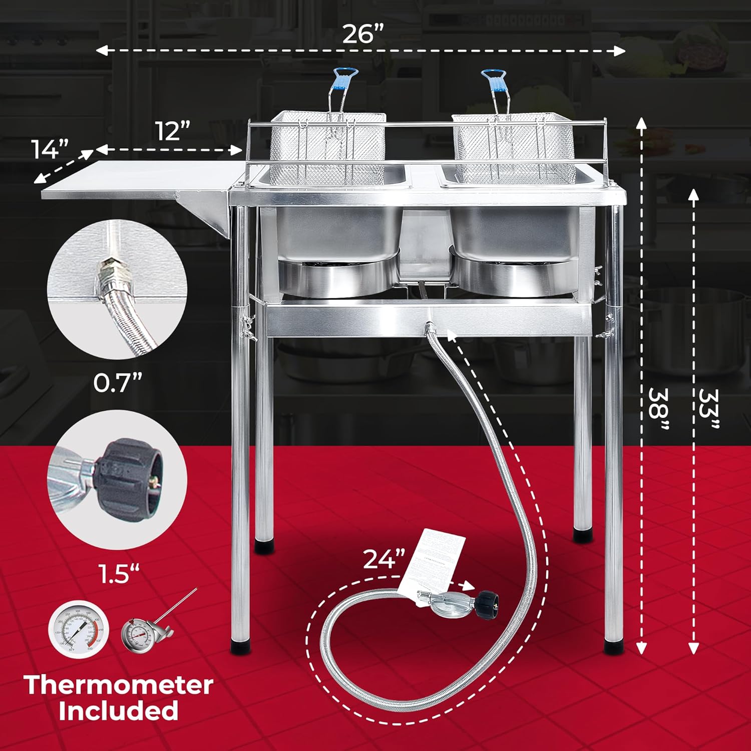 Silver Deep Fryer with Thermometer, Propane Deep Fryer with 2 Stainless Steel Baskets & Lids, Adjustable Temperature with Regulating Knobs