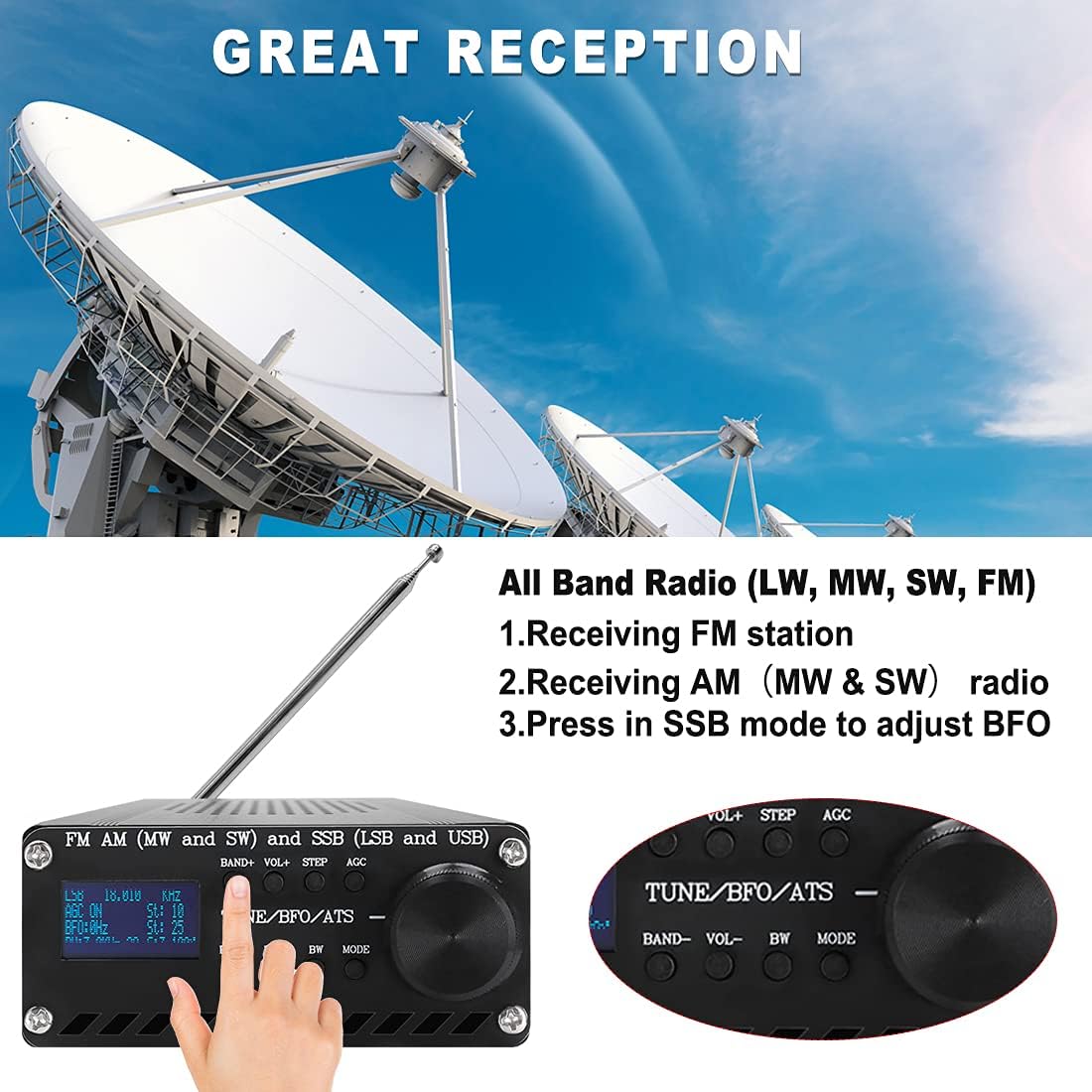 Si4732 Full Band Radio Receiver FM AM (MW&SW) and SSB (LSB & USB) Portable Handheld Radio Recorder, Built-in Battery, with Speaker, Antenna and Aluminum Alloy Case Pack of 2