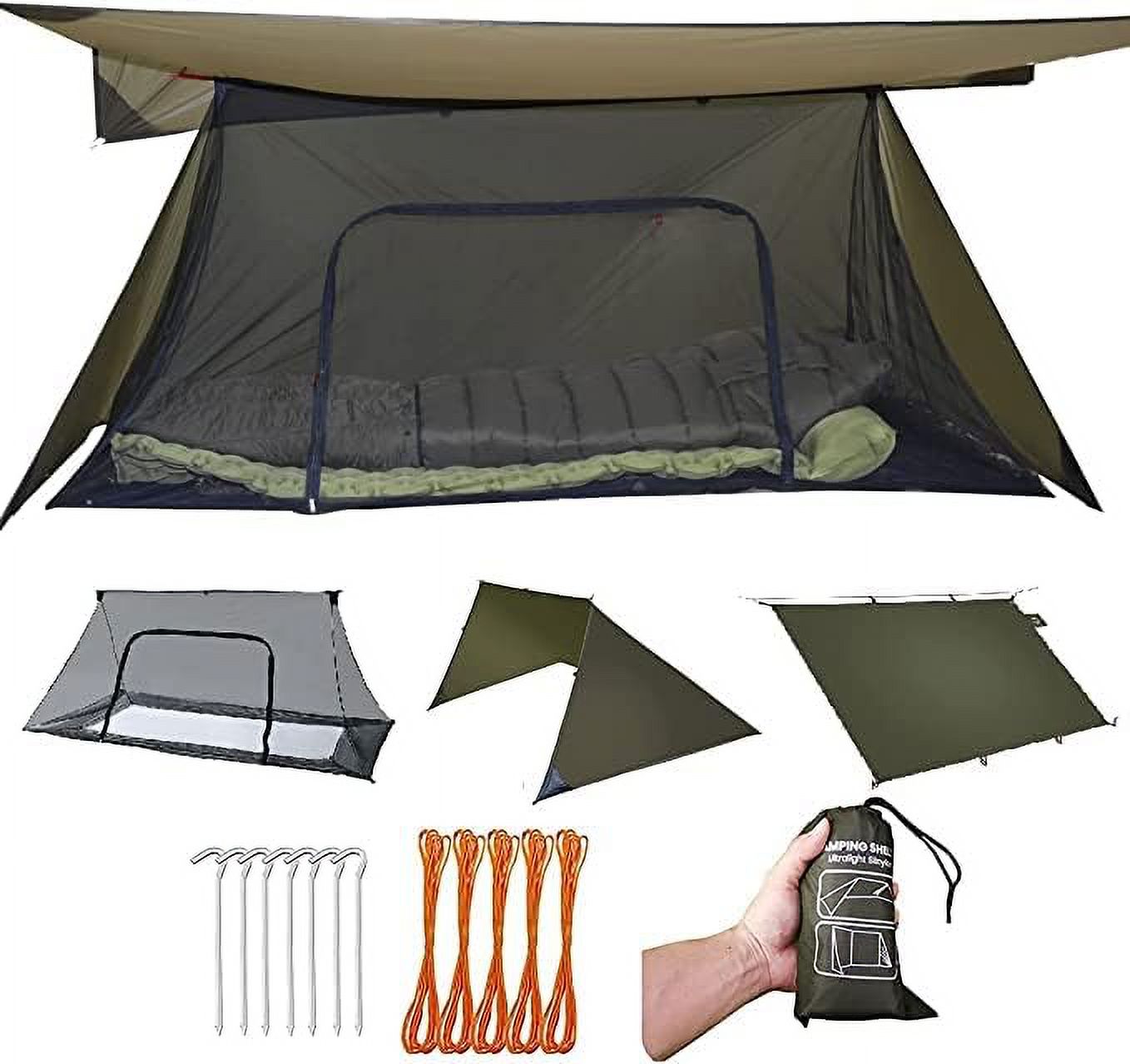 OUWI Shelter, Camping Tarp Set Include Emergency Shelter, BugNet and Tent Footprint, Ripstop Silnylon with Silicone PU Coating Survival Shelter Tent for Camping, Hiking, Backpacking