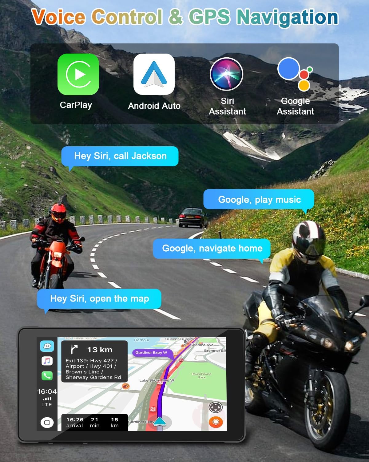 5.5'' Portable Apple Car Play Screen for Motorcycle, Wireless Apple CarPlay & Android Auto for Motorbike, Motorcycle Carplay GPS Navigation, Dual Bluetooth, WiFi Online Video