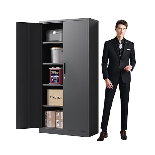 Metal Storage Cabinet with Wheels, Lockable Garage Cabinet with Doors and Shelves, Rolling Tool Storage, Assembly Required, Black