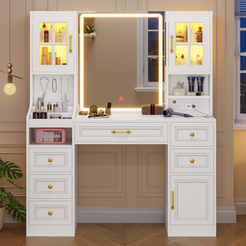 White Vanity Desk with Touch Screen Mirror and Lights, Large Makeup Vanity with RGB Light Cabinets & Charging Station, 6 Drawers, 5 Jewelry Hooks, Vanity Table with Lighted Mirror
