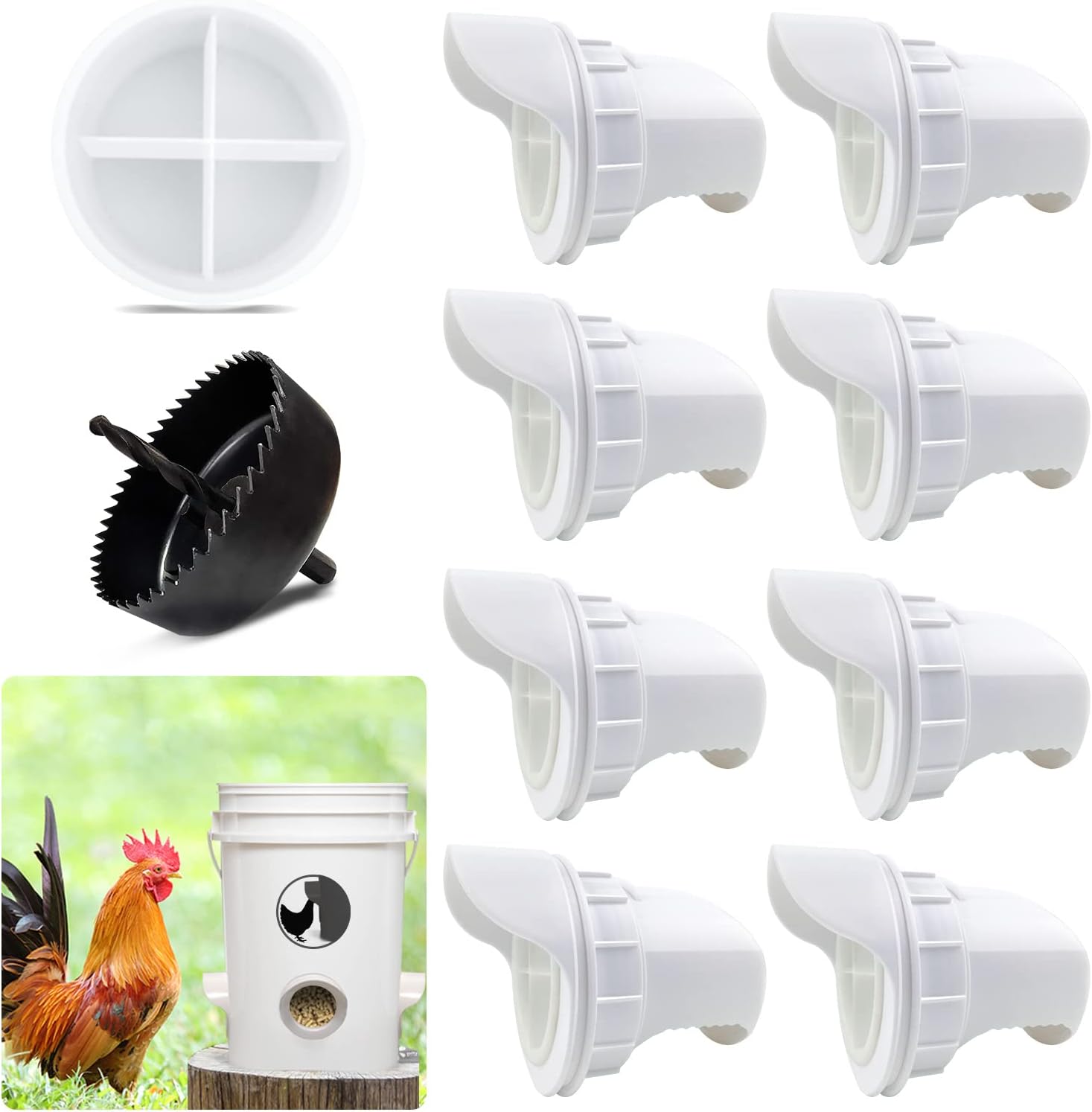 No Waste Chicken Feeder, Poultry Feeder DIY Port Gravity Automatic Fed Kit with Rat Stopper Caps, Rain Proof, Weather Resistant, for Buckets, Barrels, Bins, Troughs（8 Ports,1 Hole Saw）