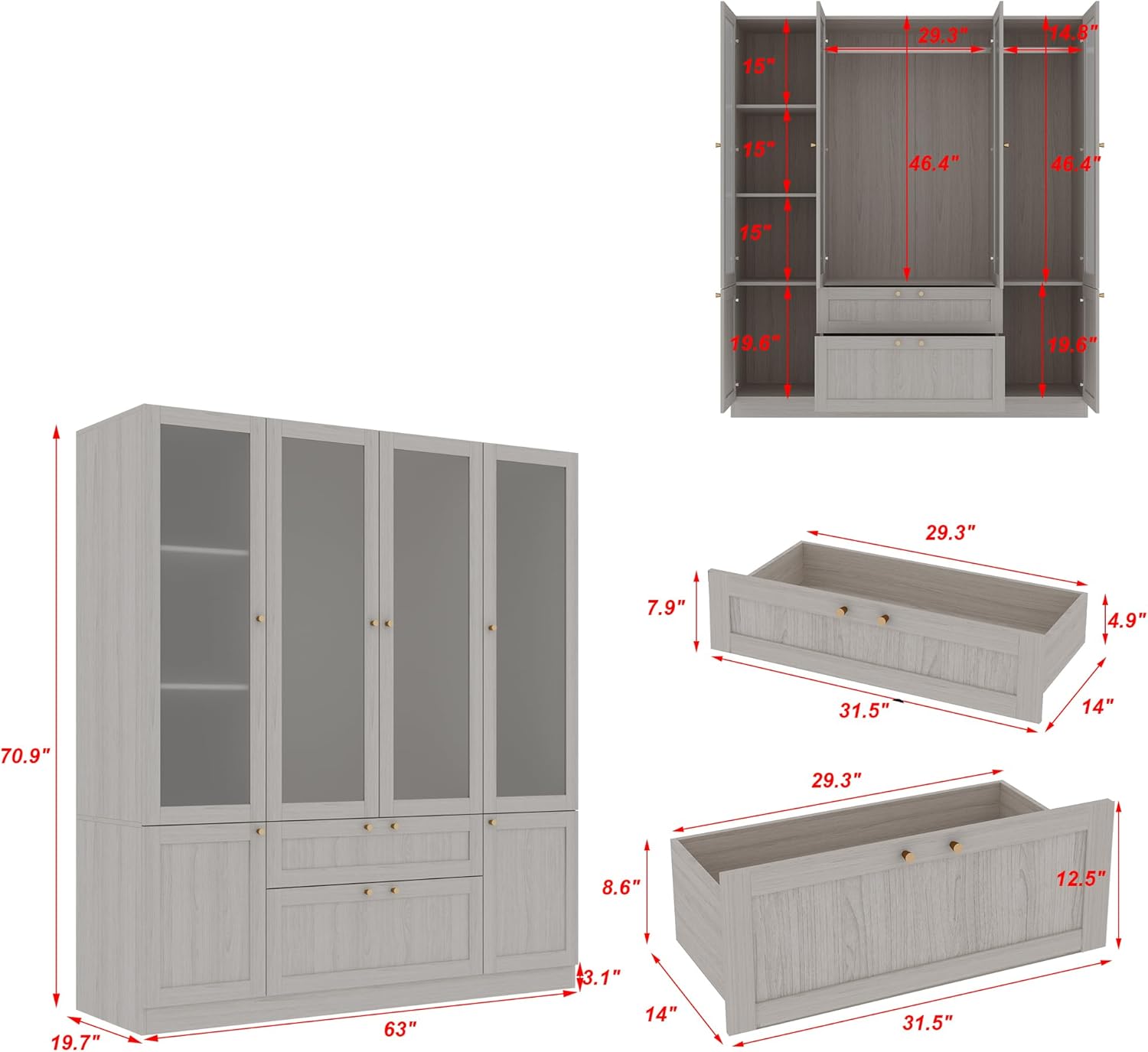Homsee Armoire Wardrobe Closet with 4 Frosted Glass Doors, Hanging Bars, Shelves & Drawers, Wooden Closet Storage Cabinet for Bedroom, Warm Grey (63”L x 19.7”W x 70.9”H)