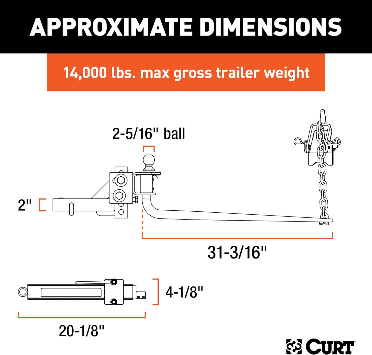 CURT 17063 Round Bar Weight Distribution Hitch with Integrated Lubrication and Sway Control, Up to 14K, 2-In Shank, 2-5/16-Inch Ball , Black