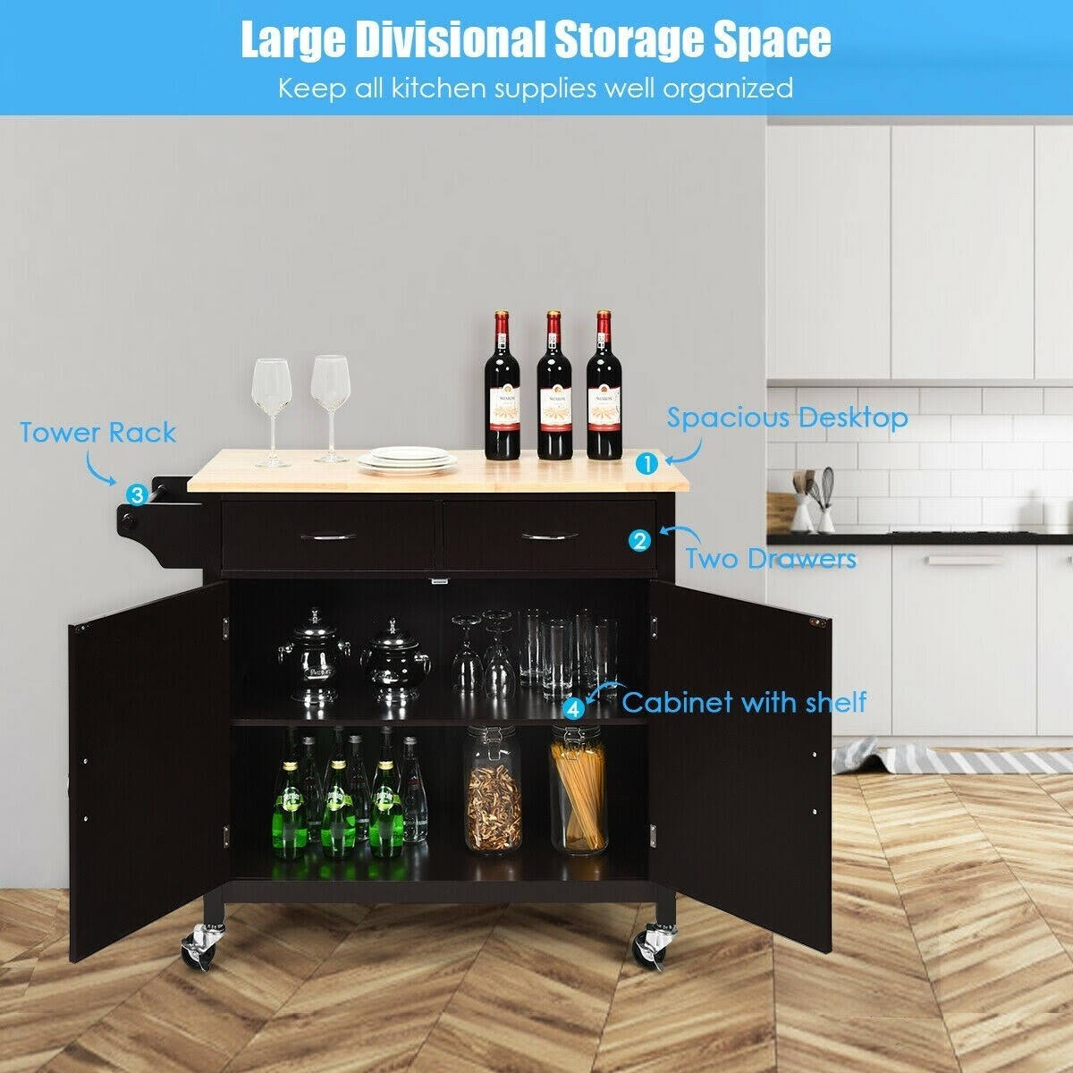 Modern Rolling Kitchen Cart Island with Wooden Top - White