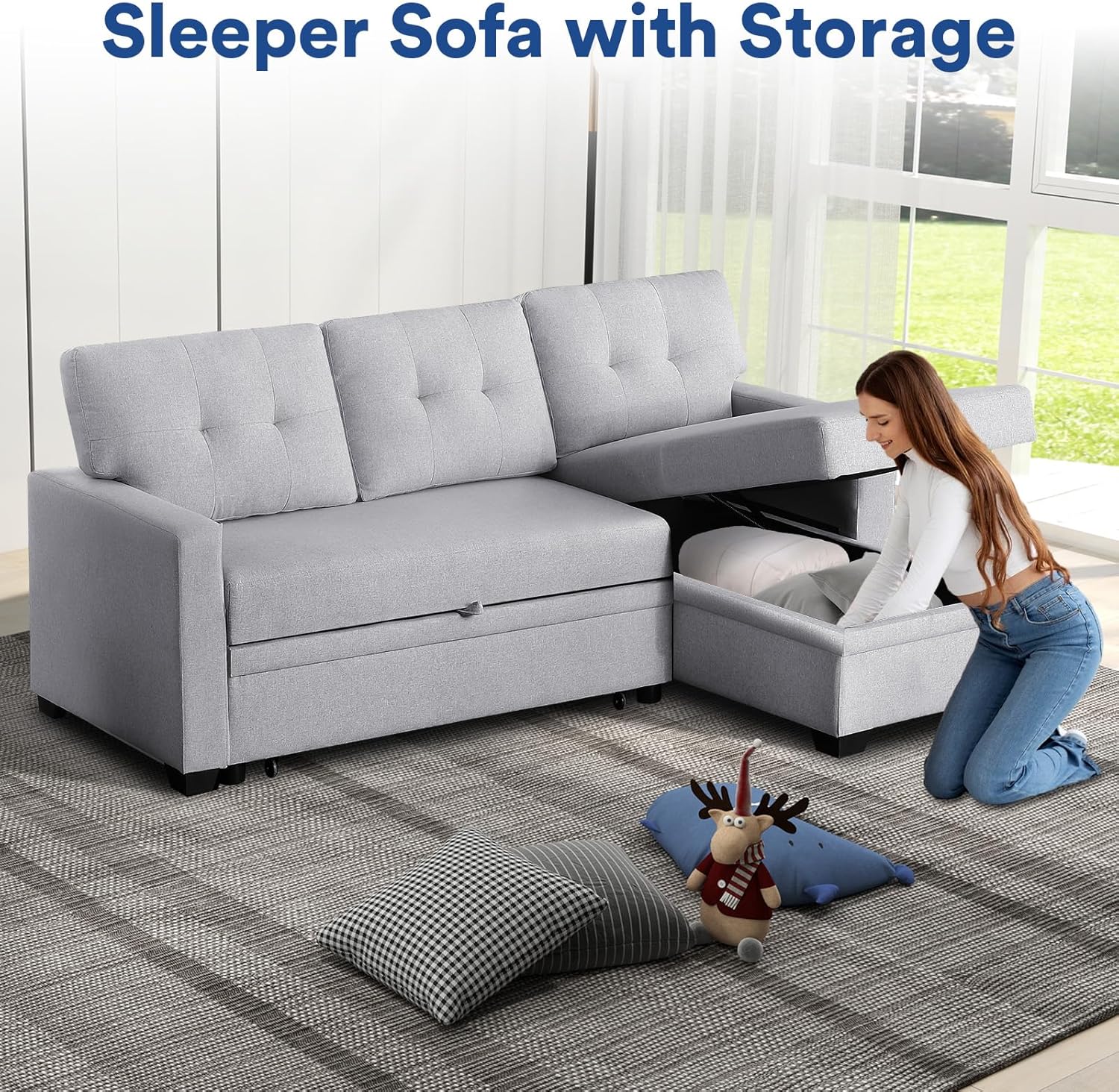 4-in-1 Convertible L Shaped Couch with Pull Out Bed and Storage Sectional Sleeper Sofa with Reversible Chaise for Living Room, Apartment, Bedroom, Office, Light Gray