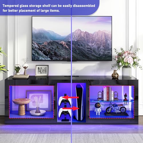 LED TV Stands W/Power Outlet for 50 55 60 65Inch TV,Black Entertainment Center W/70000-Colors Lights,High Gloss LED TV Console w/Adjustable Glass Shelves for Living Room Gameroom