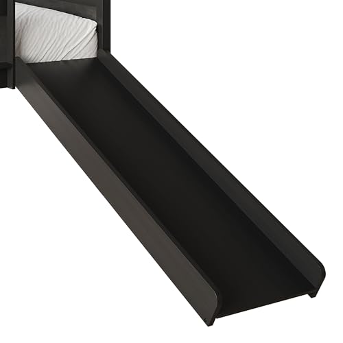 Low Loft Bed with Slide, Climbing Ladder, Chalkboard, Wood Twin Loft Bed Frame with Guardrail for Kids Toddler Boys Girls, Antique Gray