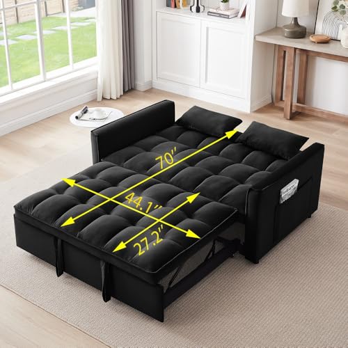 Sofa Bed,3 in 1 Convertible Sofa Bed, Modern Velvet Single Double Sofa, Adjustable Back, Storage Bag and Pillow Sofa Bed, Suitable for Living Room, Bedroom (Blue, Double)