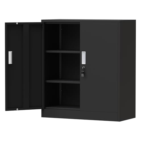Metal Storage Cabinet with Locking Doors and 2 Adjustable Shelves, Small Lockable Storage Cabinet for Home Office Garage (Black)