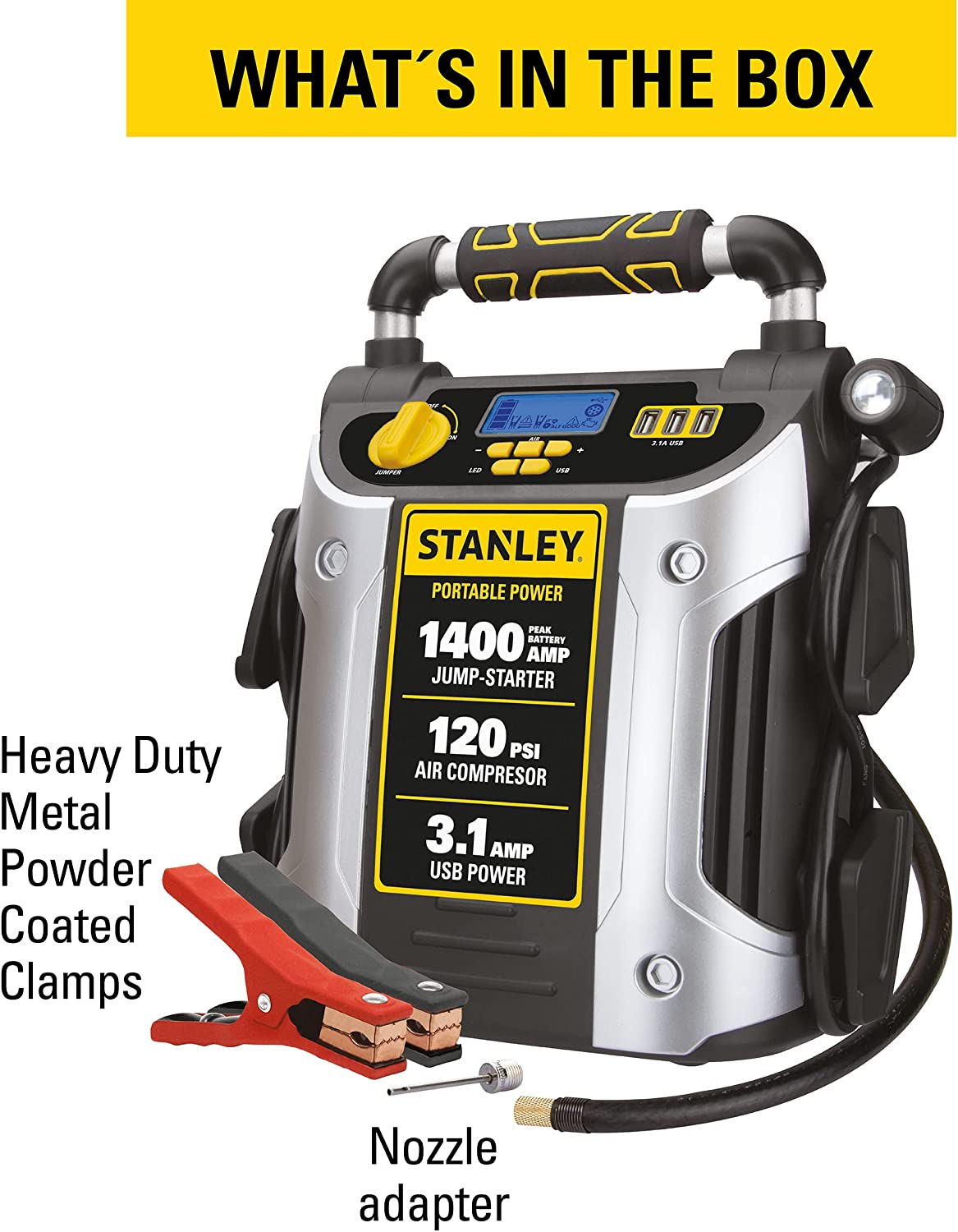 Braun Stanley J7C09D Digital Portable Power Station Jump Starter: 1400/700 Instant Amps, 120 PSI Air Compressor, 3.1A USB Ports, Battery Clamps