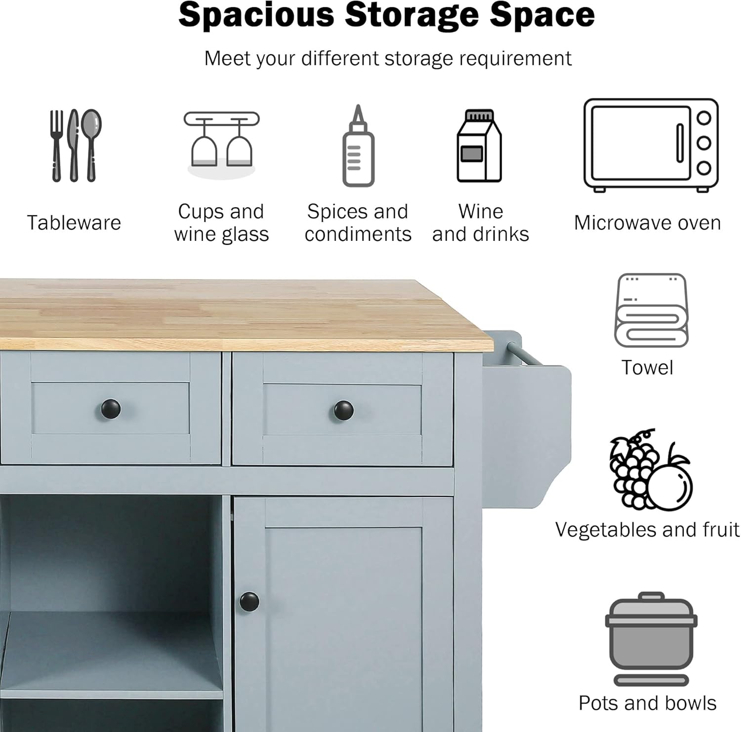 53.1inch Kitchen Cart with Rubber Wood Drop-Leaf Countertop, Cabinet Door Internal Storage Racks,Kitchen Island on 5 Wheels with Storage Cabinet and 3 Drawers for Dining Room, Blue