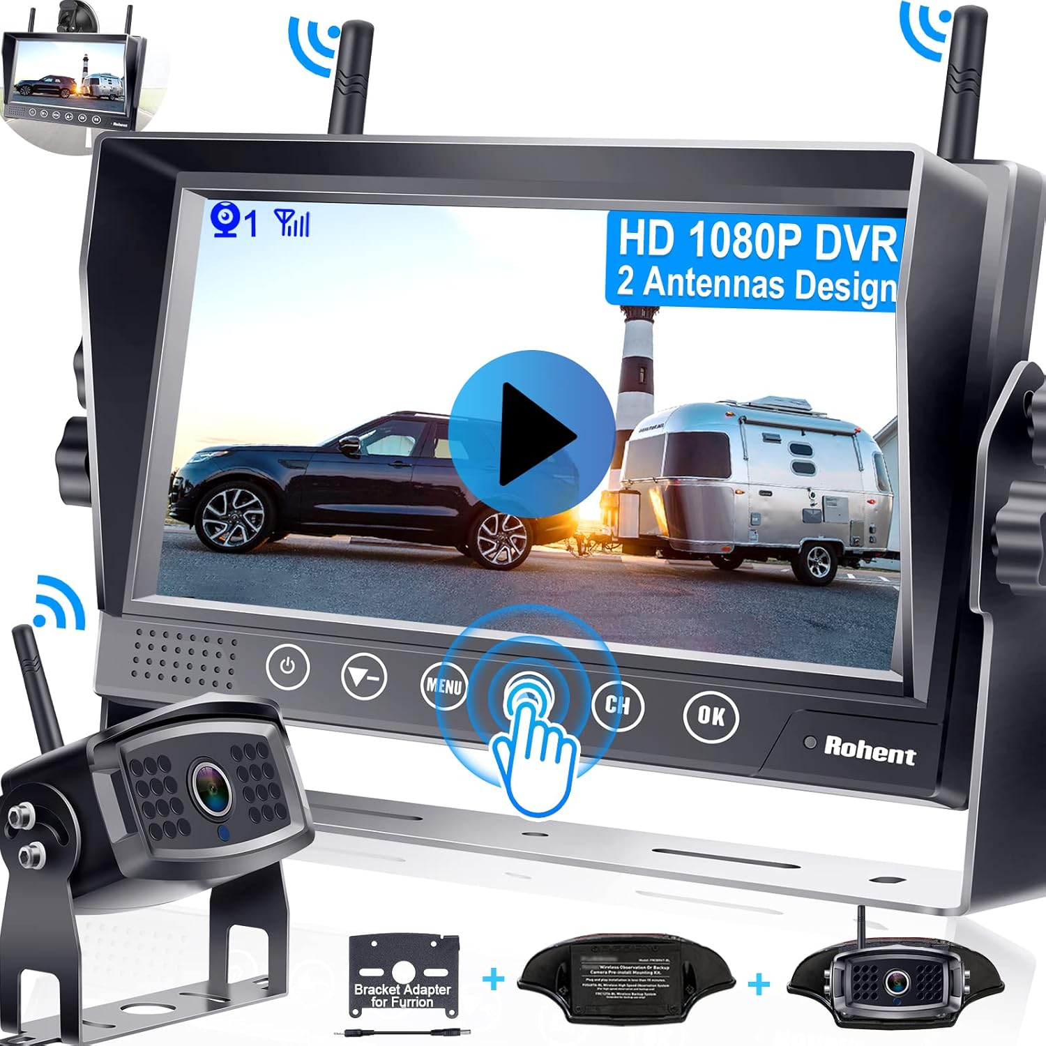 RV Backup Camera Wireless HD 1080P Waterproof Digital Signals Rear View System for Trailers Trucks Motorhomes 4 Channels 7'' DVR Monitoring Night Vision Rohent R12
